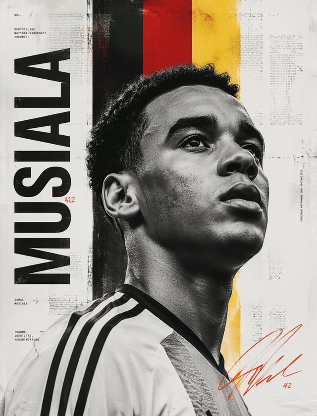 Minimalist Editorial PosterUltra-realistic black-and-white portrait of [musiala], low-angle 45° fron