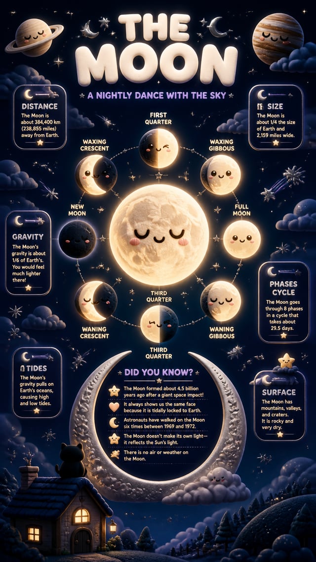 PROMPT:A magical vertical infographic poster in 9:16 format about the moon and its phases, designed 