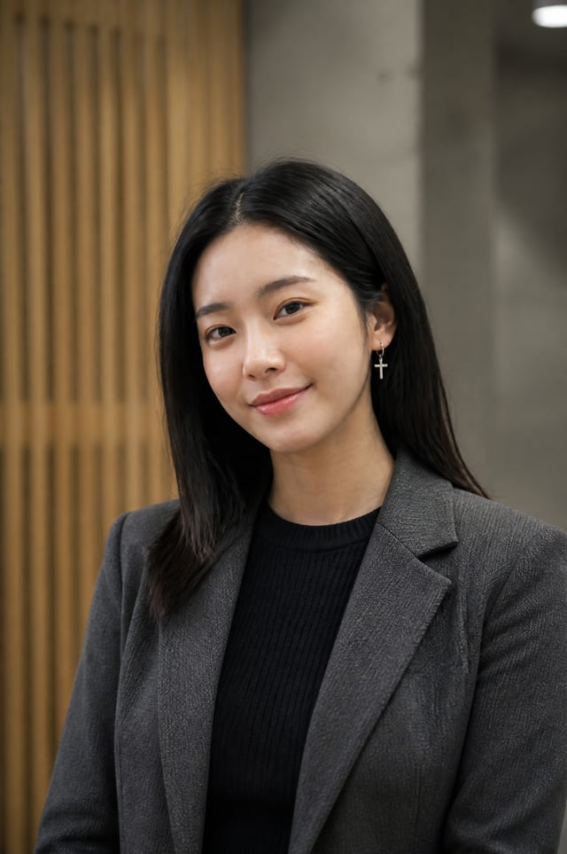 A young East Asian woman with shoulder-length dark hair stands in a professional interior, her expre