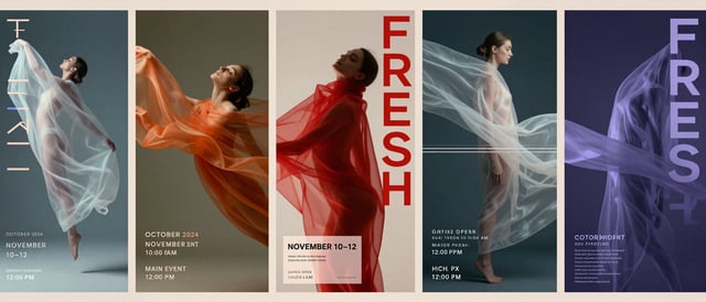 Create a panoramic luxury fashion event poster series composed of five vertical editorial poster pan