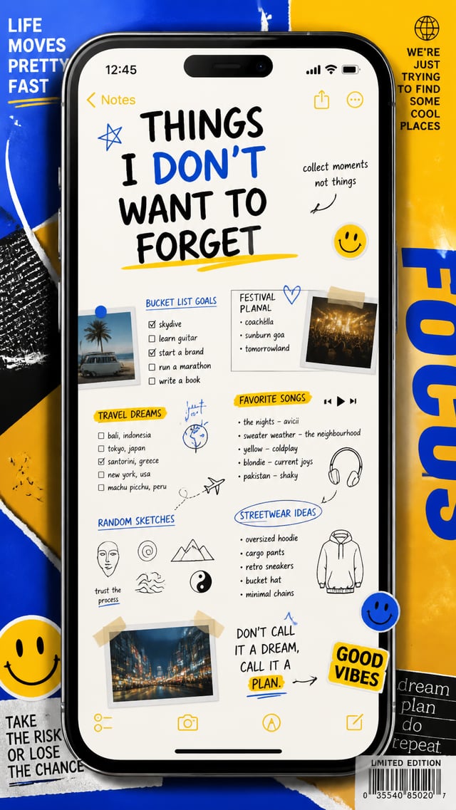A premium 9:16 lifestyle advertising poster.Main Subject:A giant realistic smartphone notes app fill