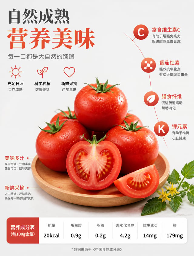 一张简洁的高端食品广告海报，背景为浅灰白色摄影棚背景，以 {argument name="fruit name" default="番茄"} 作为主体。在画面中心，展示 7 个摆放在浅圆形木盘上的番茄