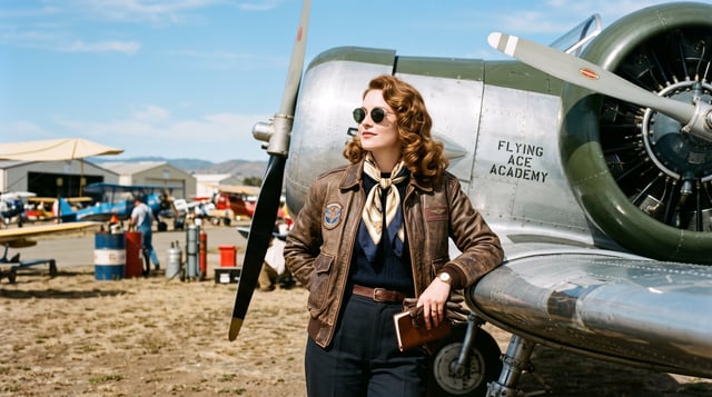 A cool, retro-inspired portrait of a woman leaning against the wing of a vintage propeller plane on 