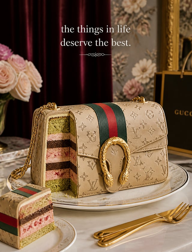 An elegant cake designed like a Louis Vuitton Dionysus handbag, detailed with edible beige canvas pa