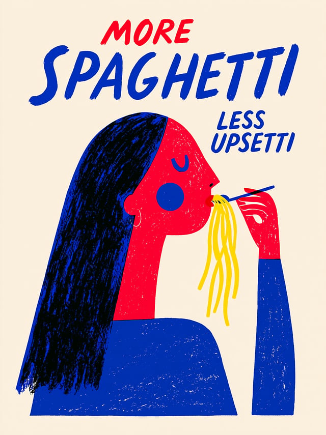 woman eating spaghetti, with bold vintage typography reading "MORE SPAGHETTI" and "LESS UPSETTI"