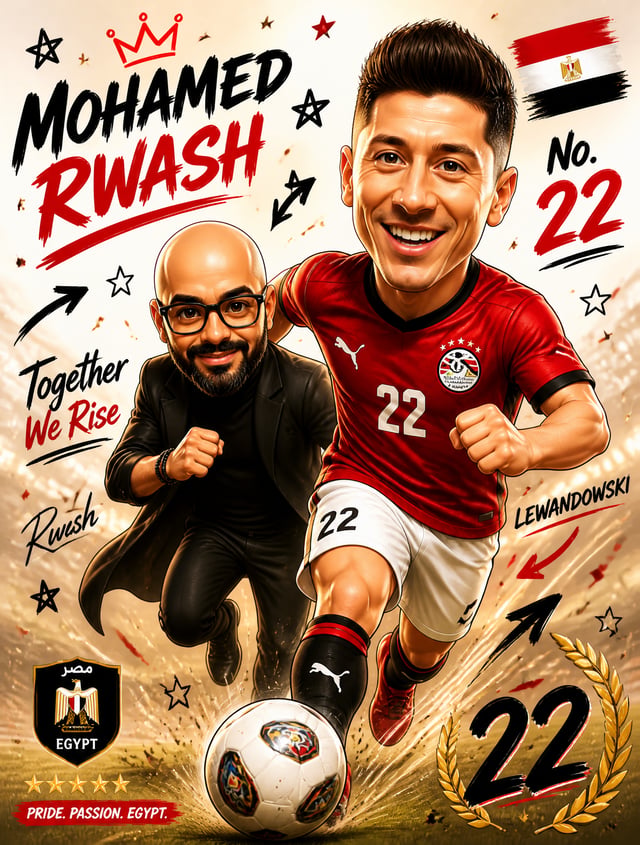 Create a polished cartel like a football player of Egyptian choice in a chibi/leando caricature styl
