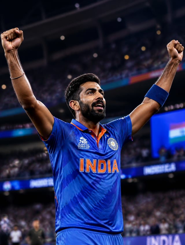 #4263eb, Jasprit Bumrah in an Indian cricket jersey, celebrating a victory with arms raised, dynamic