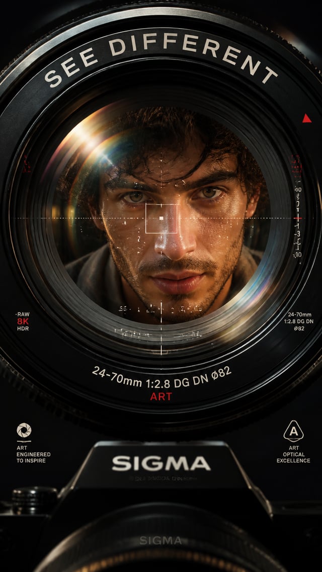 A premium 9:16 camera advertising poster.Main Subject:A young male model reflected inside the giant 