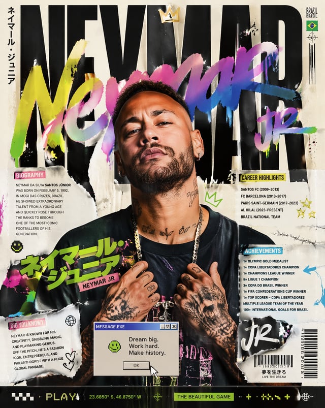 Create an ultra-premium modern Japanese street-art editorial poster featuring NEYMAR JR as the main 