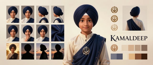 Create a fully original, copyright-safe luxury cinematic CHARACTER IDENTITY BOARD for a young Sikh t