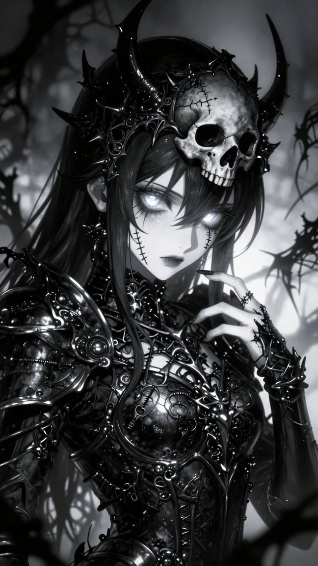 A dark, gothic anime-style character with a porcelain-white complexion emerges from a chaotic tangle