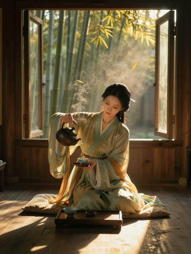 A full-body, cinematic vertical portrait in 3:4 ratio of a graceful Tang Dynasty Chinese Cha Nu, she