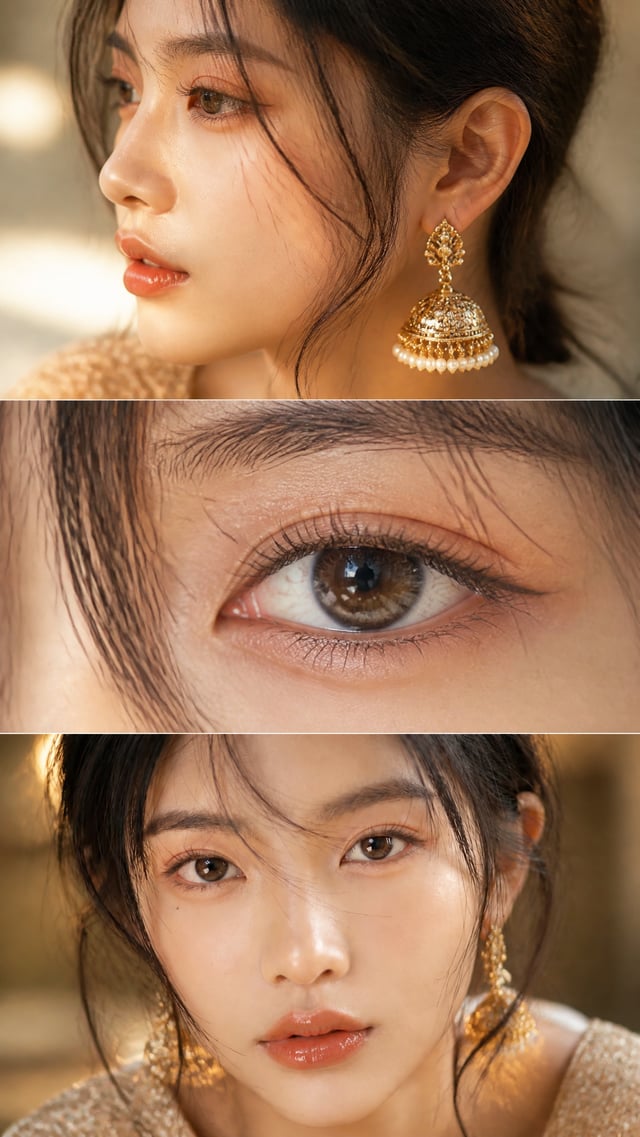 Luxurious cinematic feminine beauty collage in three elegant horizontal frames, editorial fashion ph
