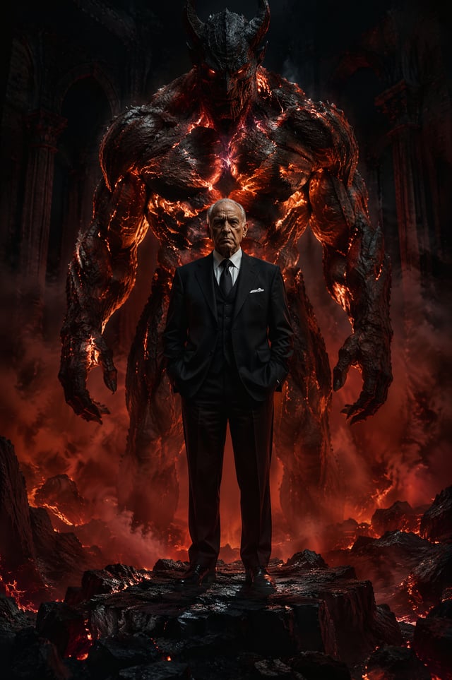 An elderly businessman in a sharp, tailored black suit stands stoically in the foreground, anchored 