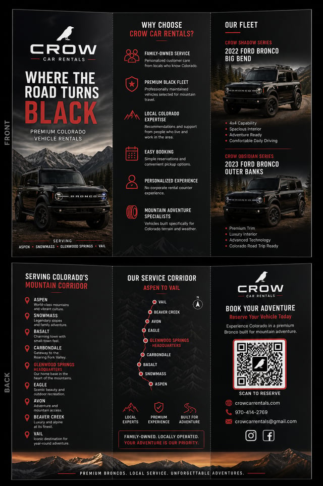 Design a Premium Print-Ready Tri-Fold Brochure for Crow Car RentalsProject OverviewDesign a luxury t