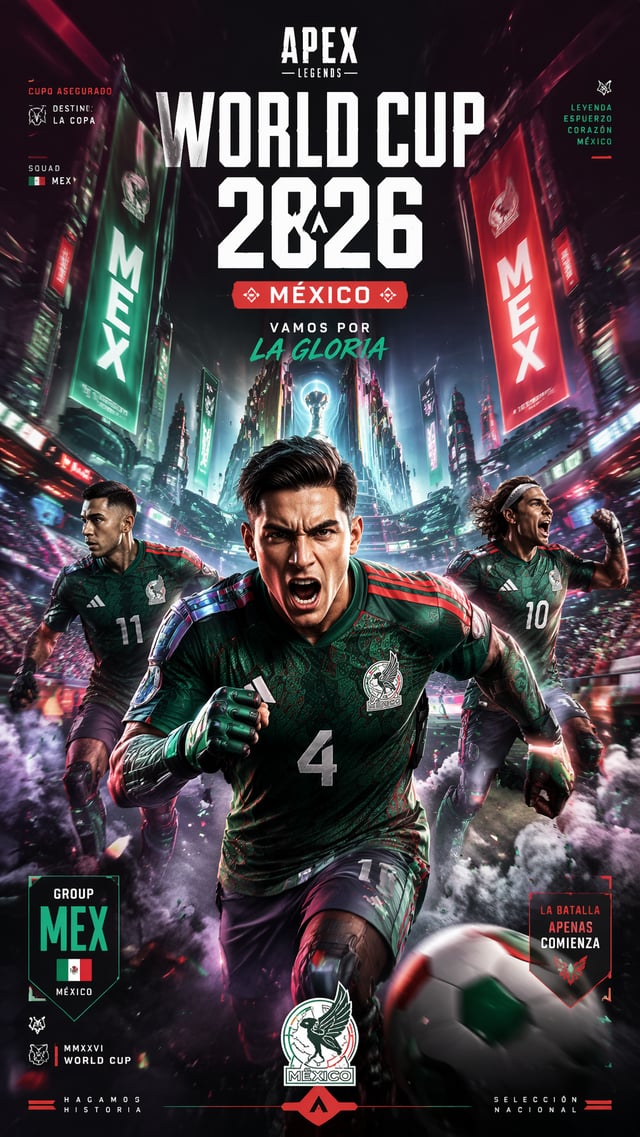 Apex Legends StyleVertical 9:16 poster of World Cup 2026, Mexico national team in dynamic sci-fi are