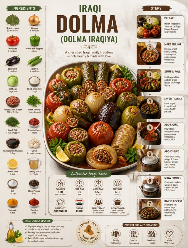 Create an ultra-clean modern recipe infographic showcasing an authentic Iraqi Dolma (Dolma Iraqiya) 