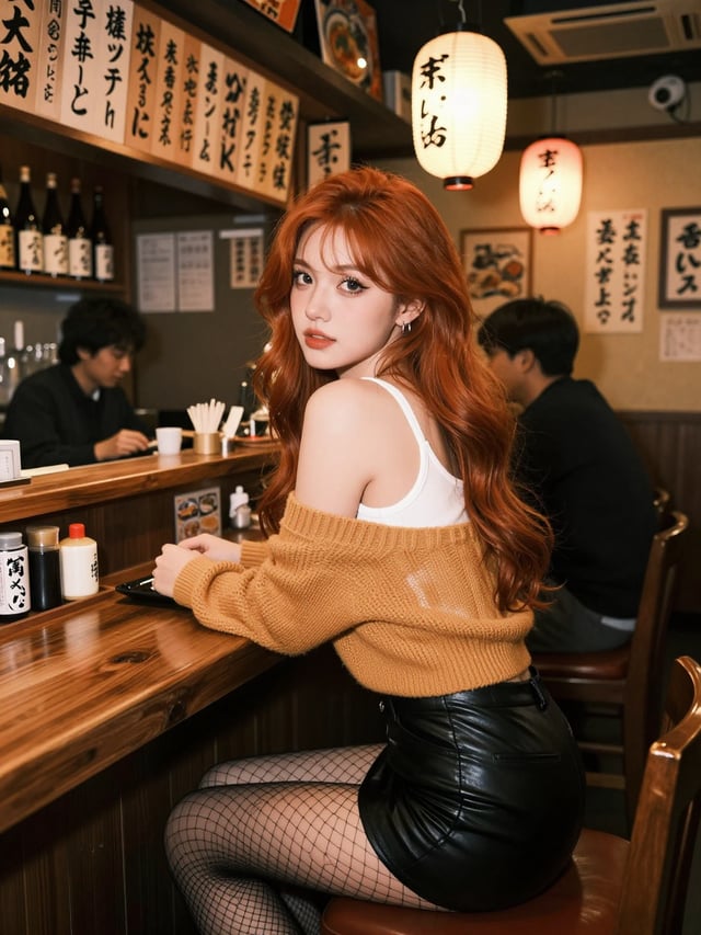 A beautiful young Irish female android with long honey red wavy hair and striking makeup, sitting at