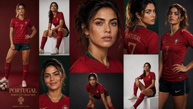 Create a luxury sports fashion collage editorial featuring a stylish young Portuguese woman in Portu