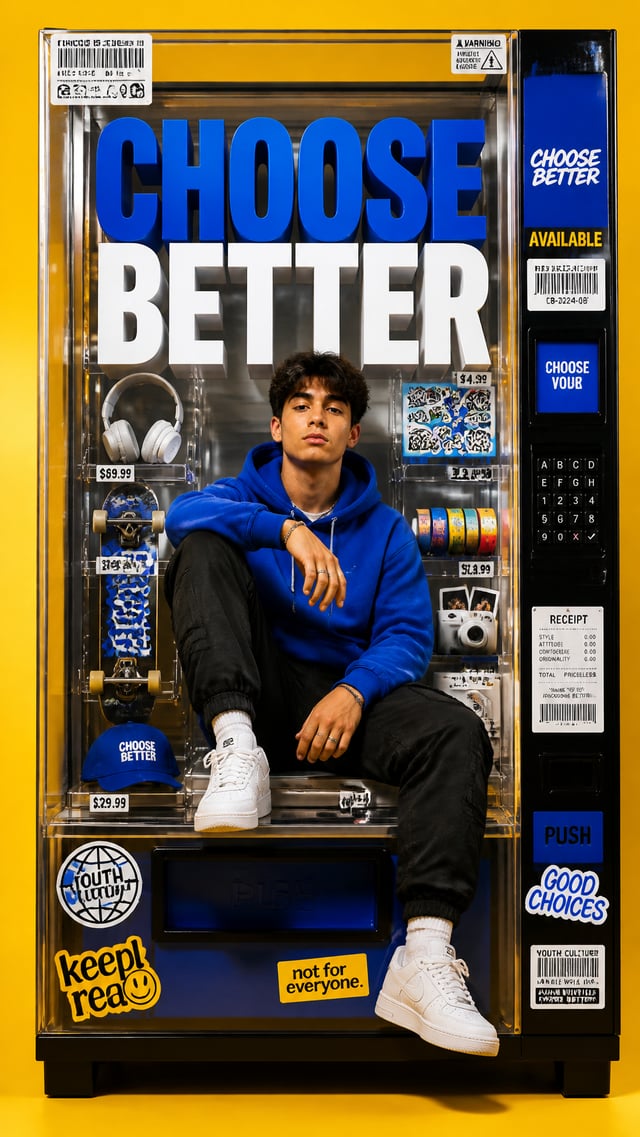 A premium 9:16 youth-culture fashion campaign poster.Main Subject:A young male model sitting casuall