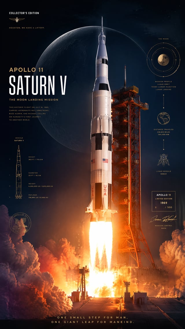 Create a premium poster for a collector's edition. Illustration of the SATURN V rocket from the APOL