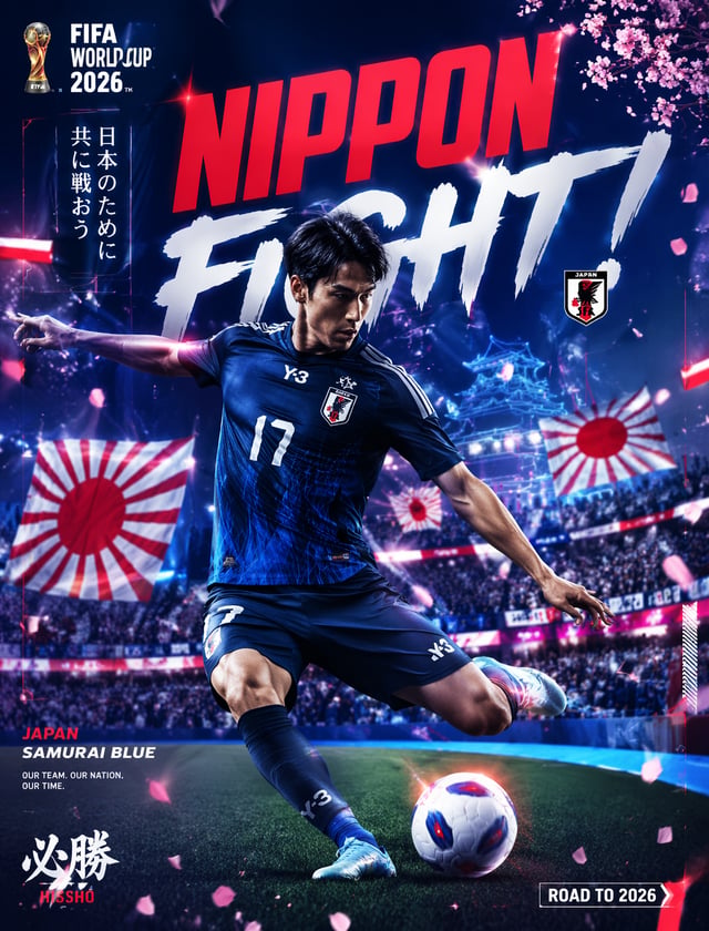 Futuristic fan poster, Japan World Cup 2026, midfielder performing precise pass in dramatic motion, 
