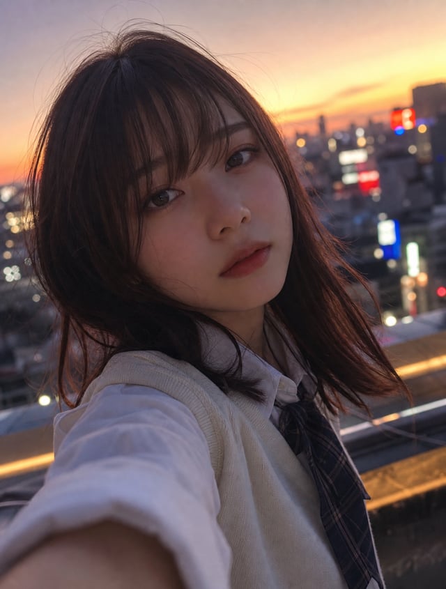 エモーショナルな雰囲気で、夕暮れ時の柔らかな光に包まれた日本人女子大生の自撮り写真。彼女の表情は少し憂いを帯びており、背景には都会のネオンがぼんやりと滲んでいる。浅い被写