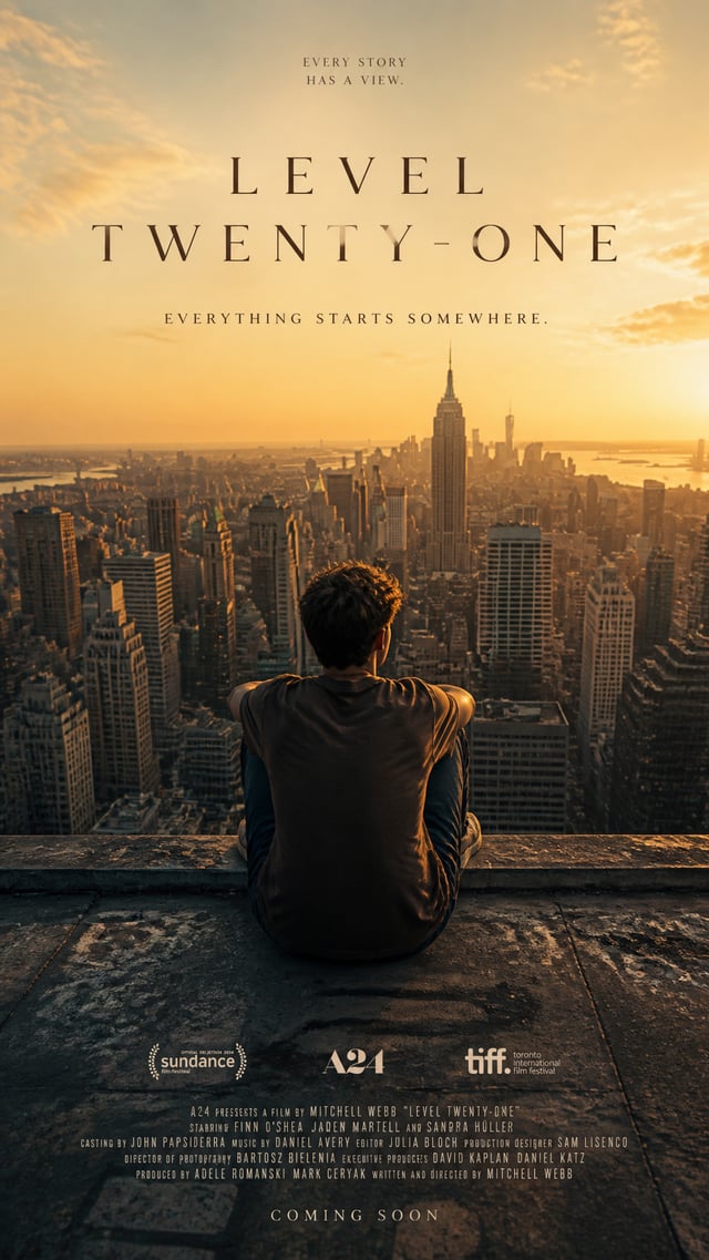 A premium 9:16 coming-of-age movie poster.Main Subject:A young male sitting alone on the rooftop of 
