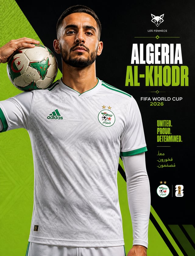 A professional male soccer player representing Algeria (Les Fennecs) stands centered in a medium sho
