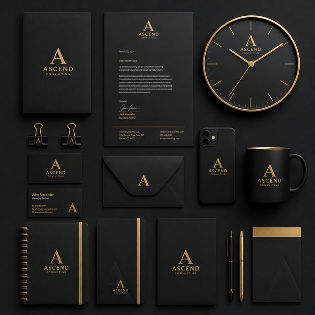 A professional corporate branding identity kit is meticulously arranged in a flat-lay composition ag
