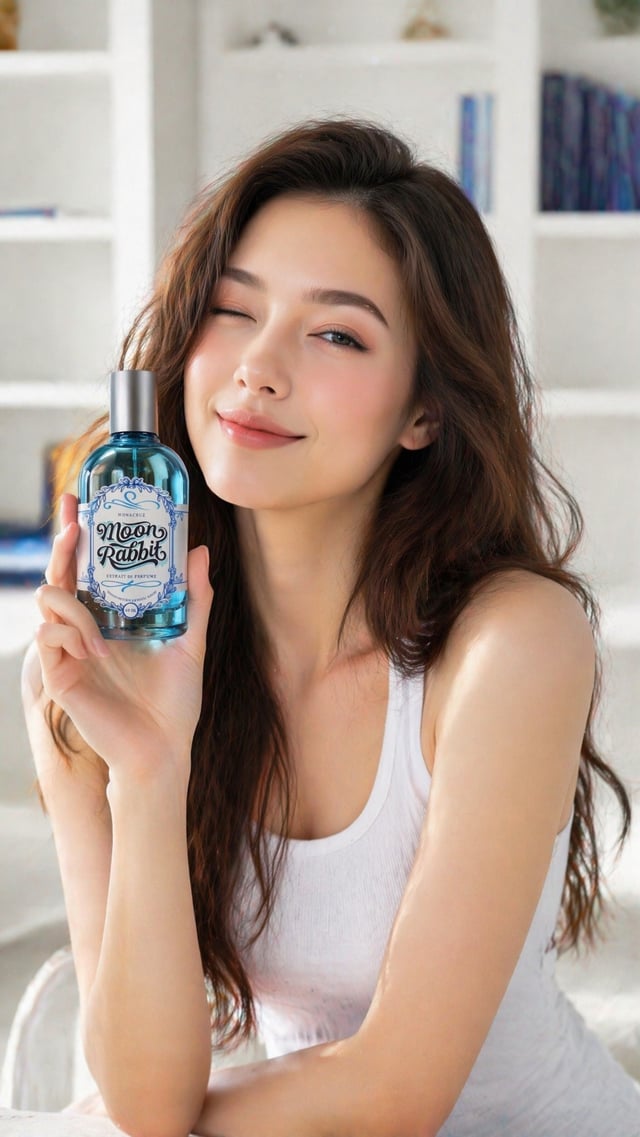 Ultra-realistic beauty advertisement, close-up of a young woman with long wavy brown hair, soft glow