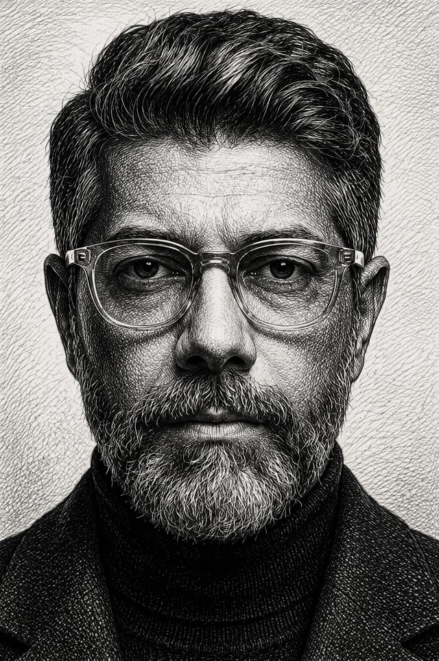 Create image, aspect ratio 2:3A close-up portrait of a person in a hyper-detailed line-art/engraving
