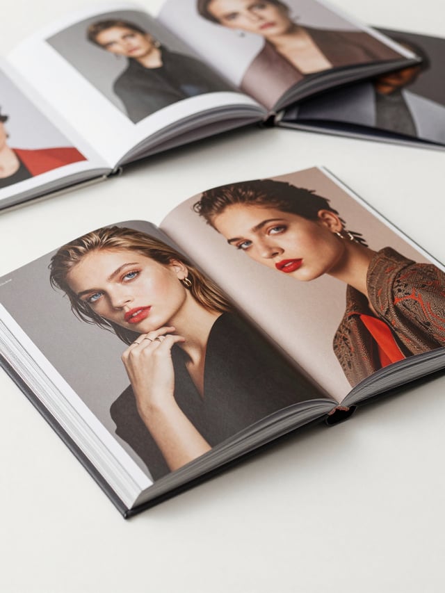 Luxury photorealistic coffee table book, open to two pages, showcasing an artistic composition of ed