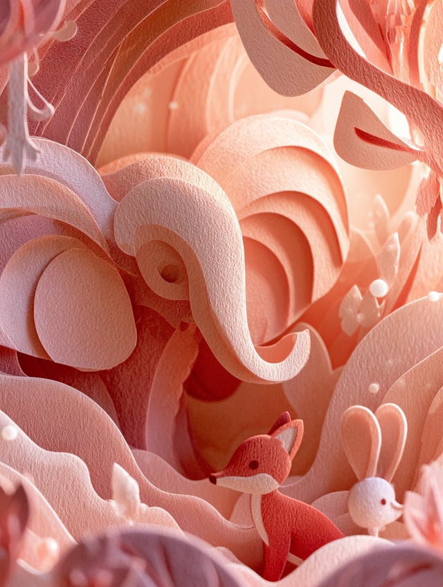 An enchanting paper-cut diorama world made from intricately layered cardstock, featuring adorable el