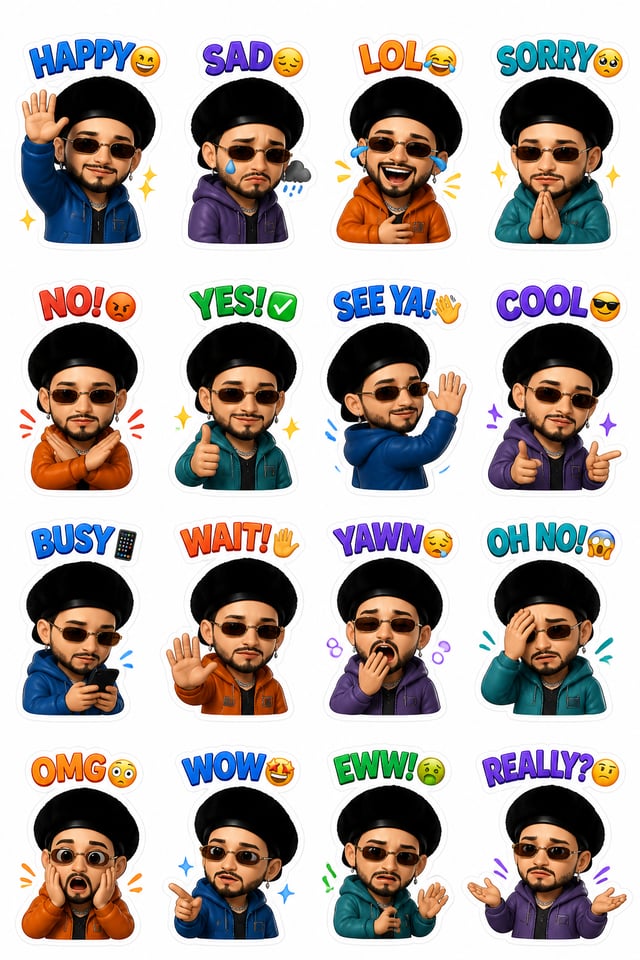 Create a premium 16-sticker pack from the uploaded image. Use ONLY the uploaded person as the charac