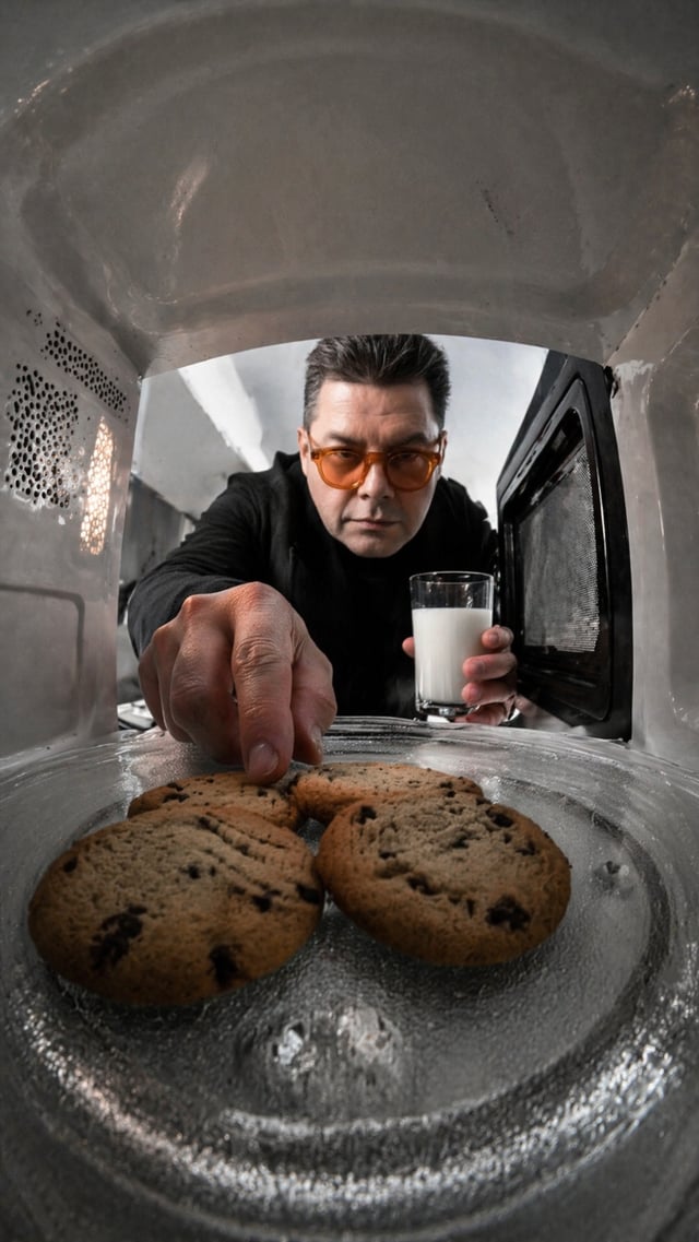 A person reaching into a microwave for cookies while holding a glass of milk, viewed from an impossi
