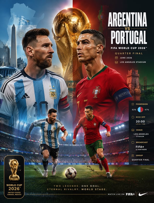 Ultra-premium FIFA World Cup 2026 match poster, luxury football tournament campaign, official broadc