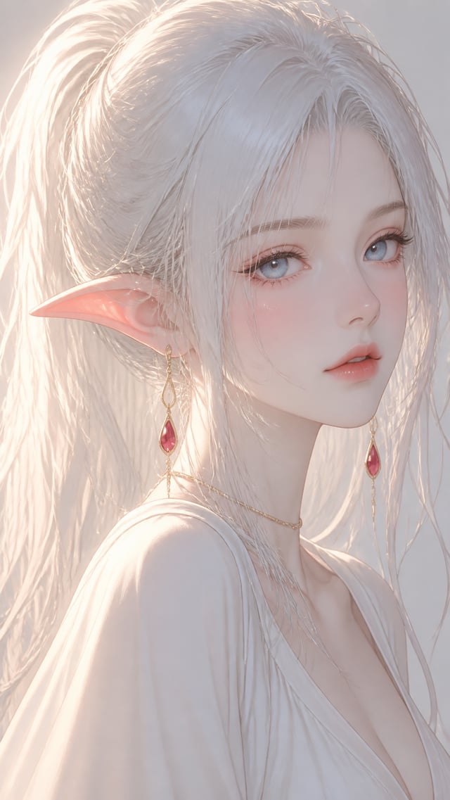 vertical 9:16 bust close-up, delicate korean semi-realistic anime elf girl, silky silvery white high