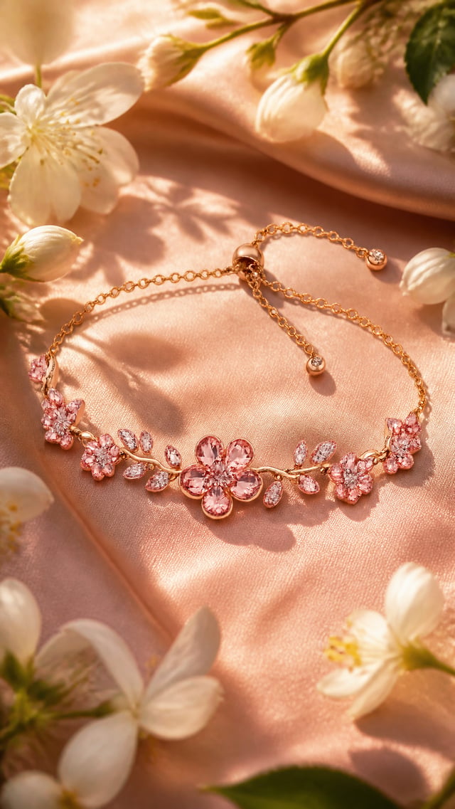 A premium rose-gold floral bracelet [image1] elegantly arranged on soft blush-pink satin fabric, pho