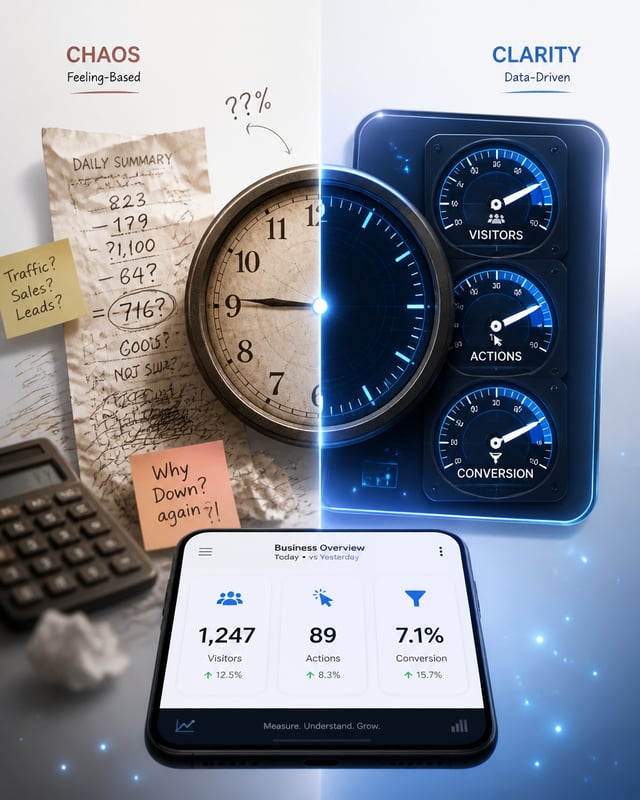 Create a vertical 4:5 (1080x1350) mixed-style visual: business analytics dashboard transformation. S