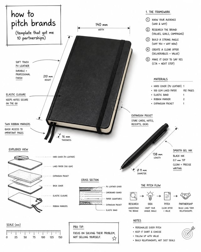 Create an infographic image of [How to pitch brands (template that got me 10 partnerships)], combini