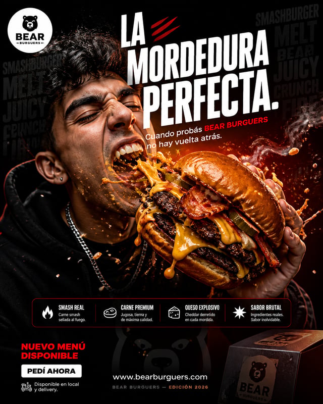 POSTER DE CAMPAÑA HIPERCOMERCIAL — BEAR BURGUERSFORMATOPoster vertical premium 4:5Ultra alta resoluc
