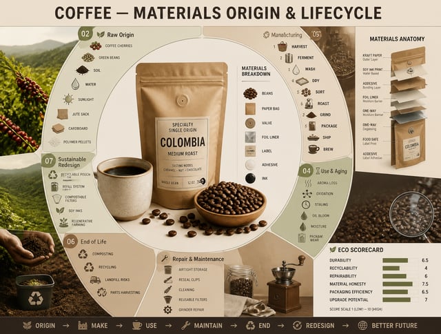{  "title": "COFFEE — MATERIALS ORIGIN & LIFECYCLE",  "type": "Ultra-detailed circular sustainabilit