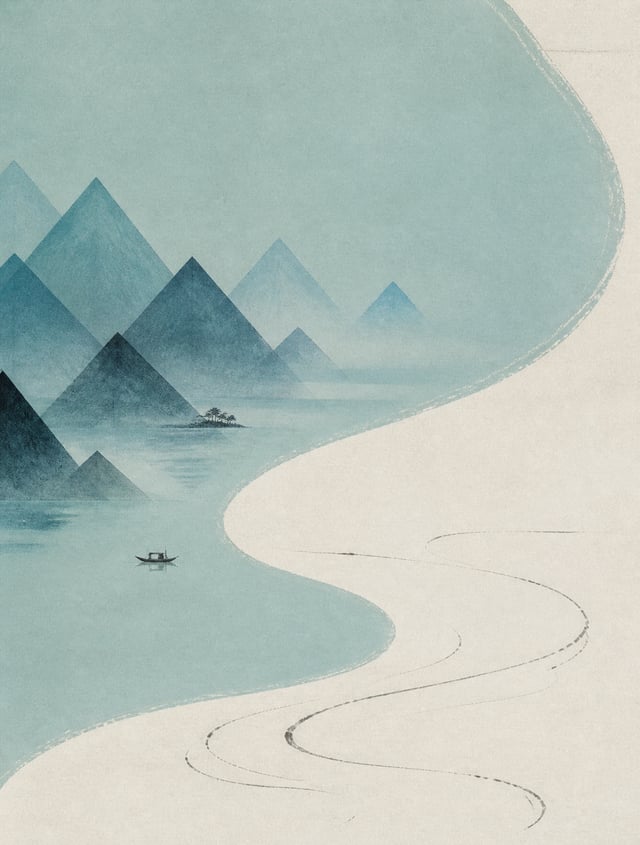 一幅融合宋代山水画意境与极简主义构成的现代艺术作品。画面以天青色为主调，占据60%面积。采用S型构图，远山以几何化的三角形层叠呈现，近景留白处仅以几笔飞白书法线条暗示水波。宣纸纹理细腻，呈现出画面整体