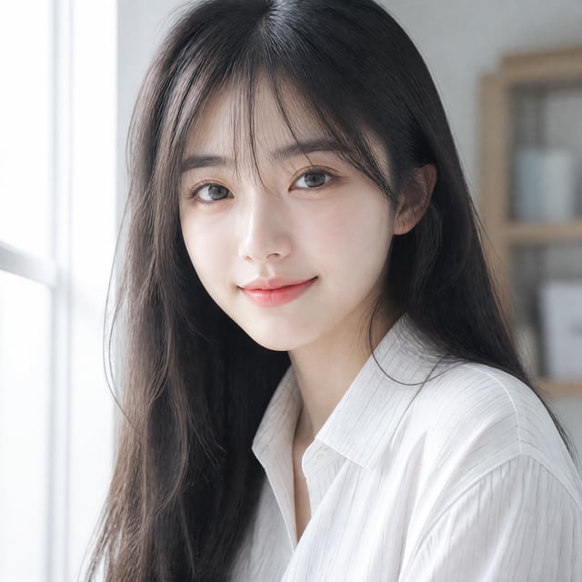 A young woman with long, straight black hair and wispy bangs is positioned in the foreground, captur