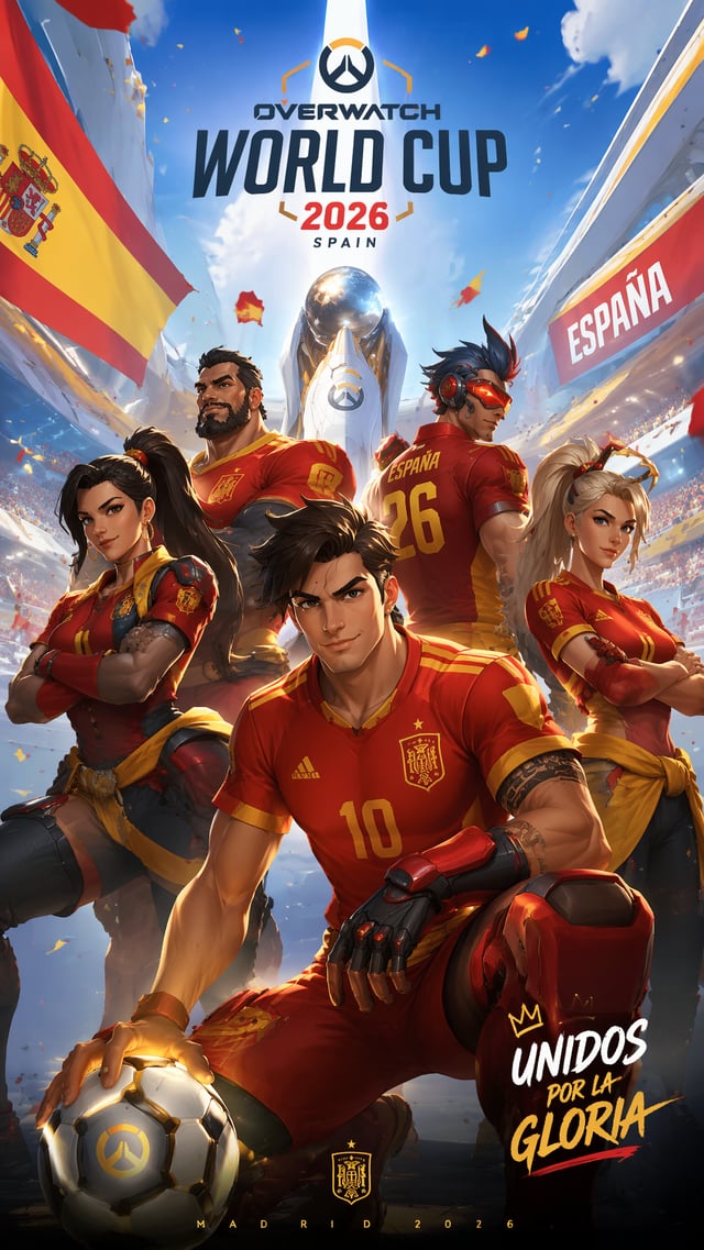 Overwatch StyleVertical 9:16 poster of World Cup 2026, Spain national team in bright futuristic aren