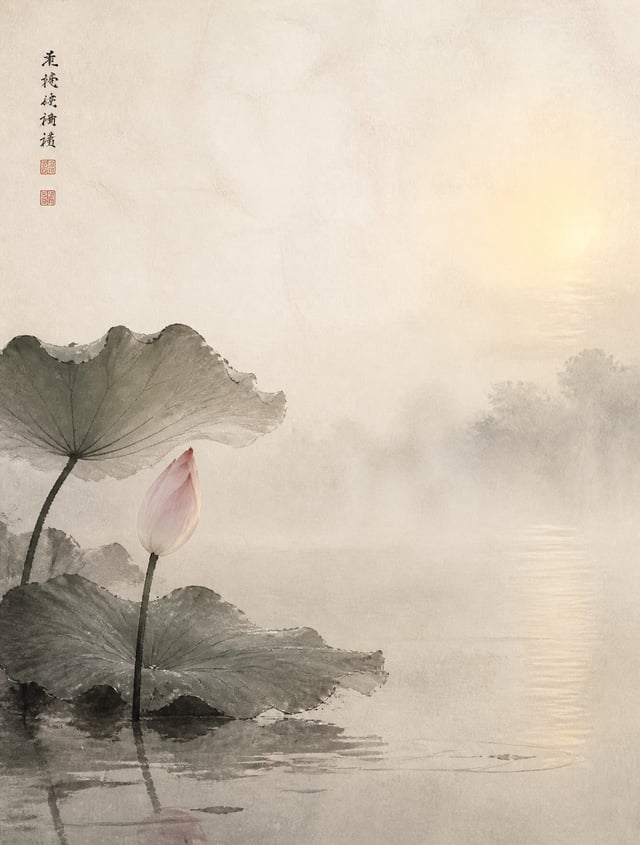 中国传统水墨禅意风格荷花插画，【画面意境】清晨第一缕光照在荷塘的瞬间，薄雾还未散去，整个世界安静得只听见水声，【构图】三七构图，留白占七成，一支荷花居画面左下三分之一，花朵半开未开状态，含苞待放最美的