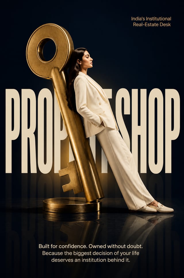 {  "prompt": "A high-fashion surrealist advertising poster for propert.shop — India's institutional 