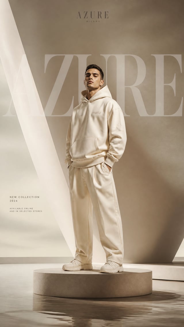 Ultra-luxury clothing brand advertising poster, vertical 9:16 fashion campaign, confident male model