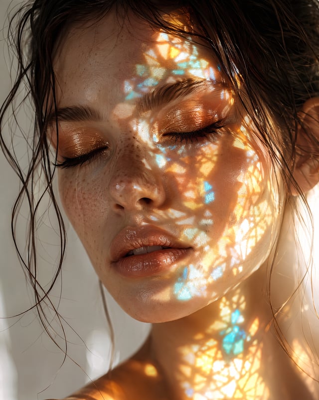 An ultra-realistic fine art portrait of a young woman with her eyes gently closed, featuring flawles
